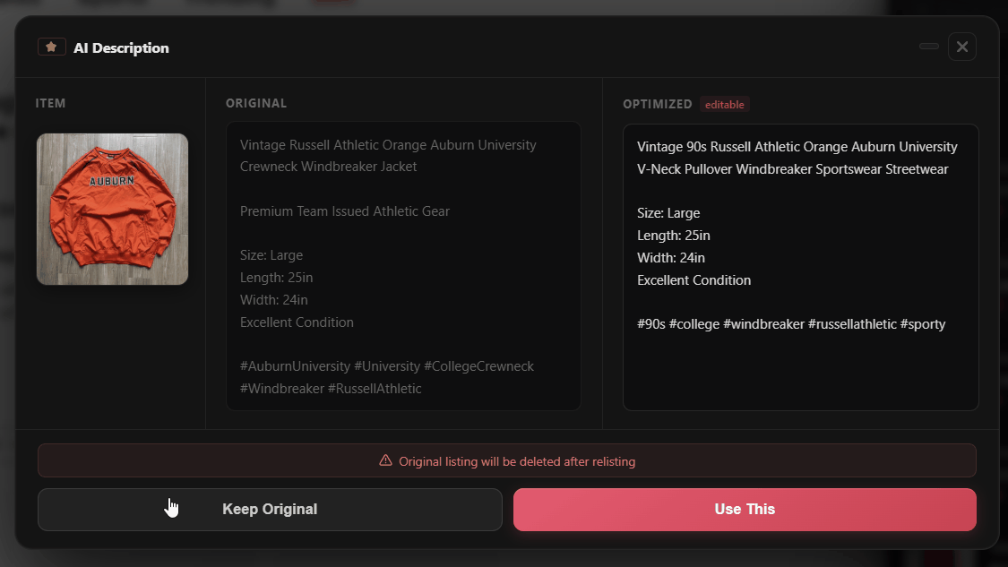AI Description Preview modal